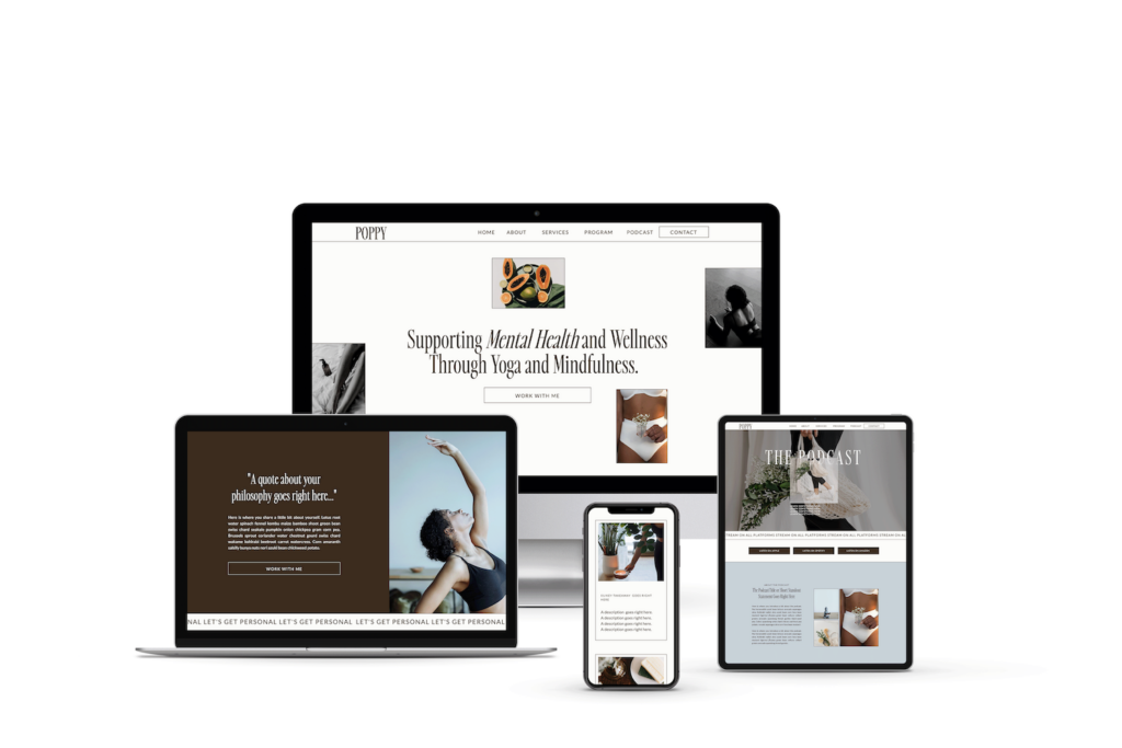 Laptop, ipad, and phone mockup of showit website template for mental health, wellness, and yoga instructors