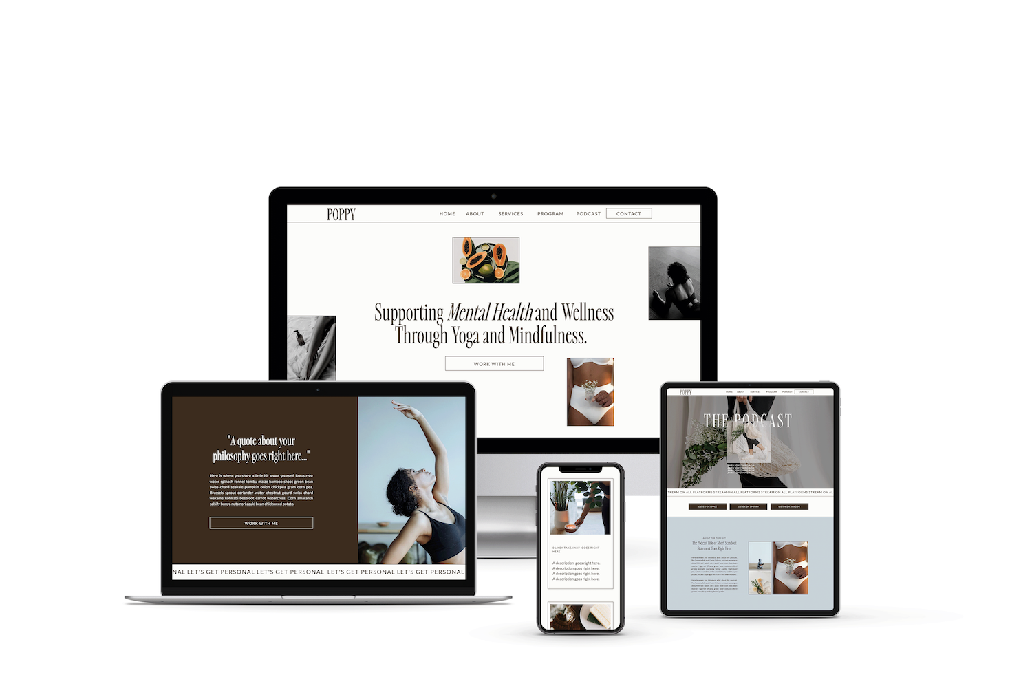 Laptop, ipad, and phone mockup of showit website template for mental health, wellness, and yoga instructors