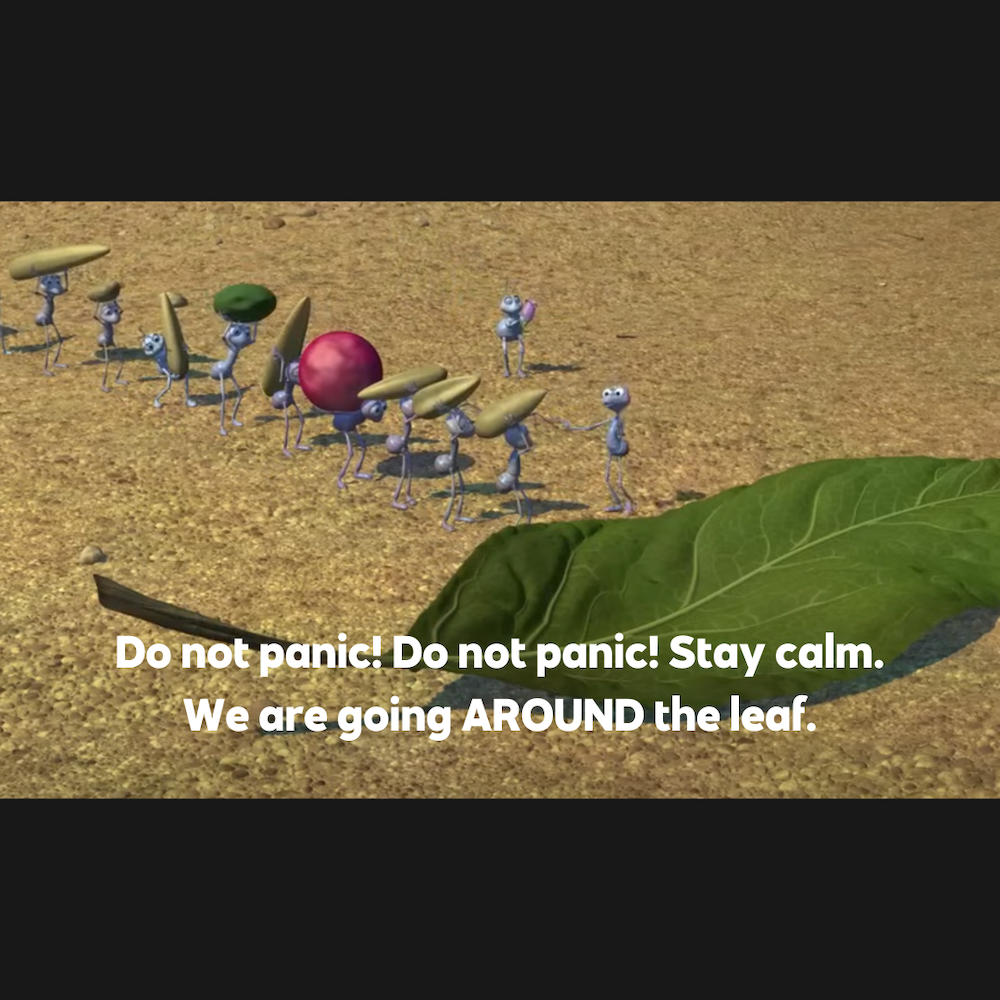 ants from the movie a bugs life carrying fruit and nuts with a leaf blocking their route